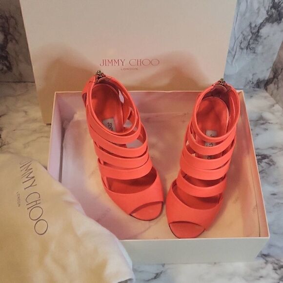Jimmy Choo Neon Flame Nappa Caged Leather Sandals Heels Size 36.5 US 6.5 - Picture 3 of 16